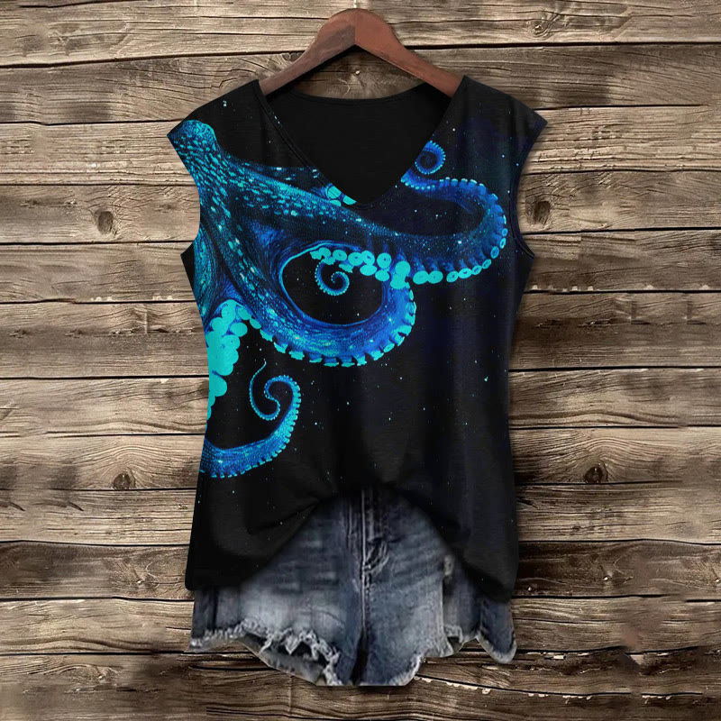 Three-dimensional Creative Octopus Print Women's Casual V-neck Tank Top - Black - 5XL - image 1