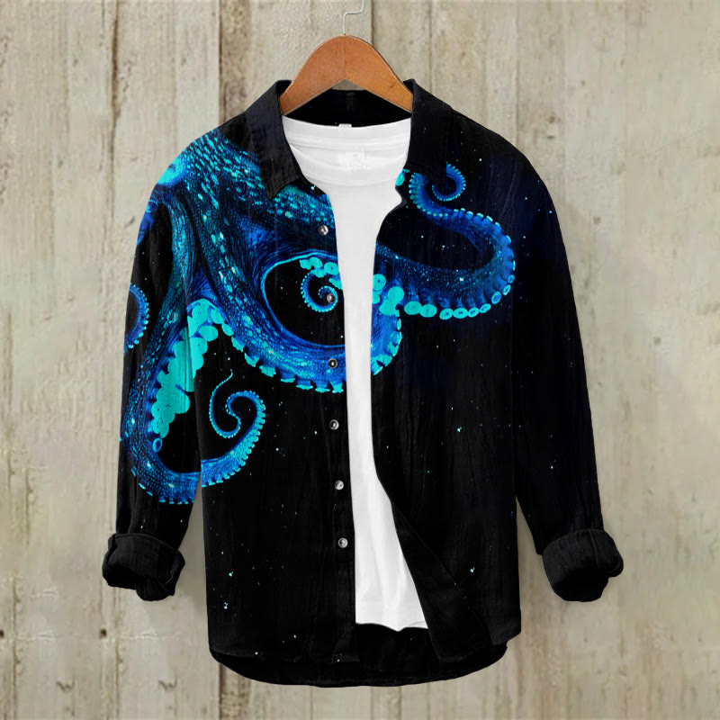 Three-dimensional Creative Octopus Print Casual Long Sleeve Lapel Shirt - Black - 5XL - image 1