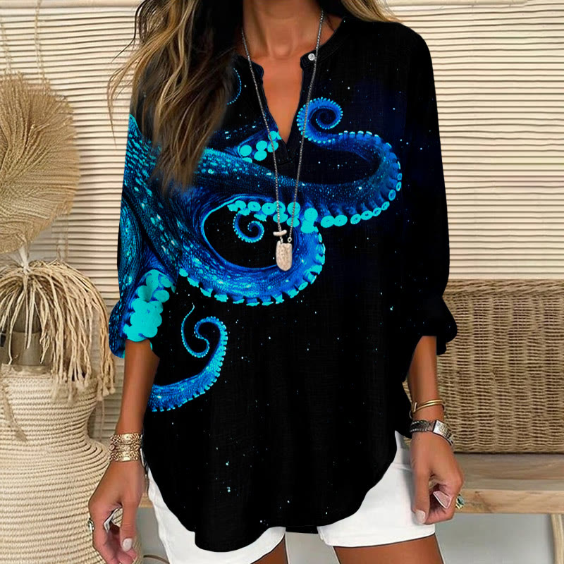 Three-dimensional Creative Octopus Print V Neck Long Sleeve Blouse - Black - 8XL - image 1