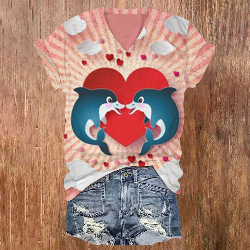 Valentine's Day Dolphin Love Print T-shirt - Multicolor - 5XL - image 1