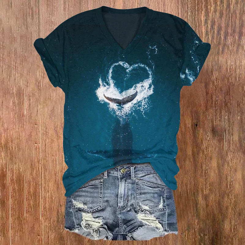 Valentine's Day Whale Shark Love Print T-shirt - Blue - 5XL - image 1