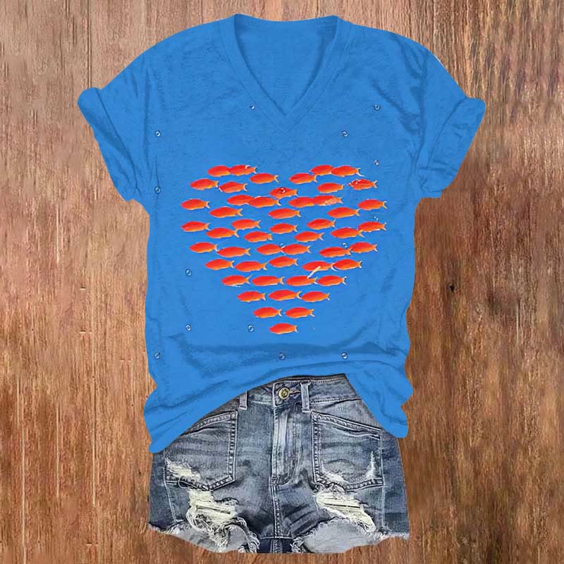 Valentine Fish Hearts Print T-shirt - Sky Blue - 5XL - image 1