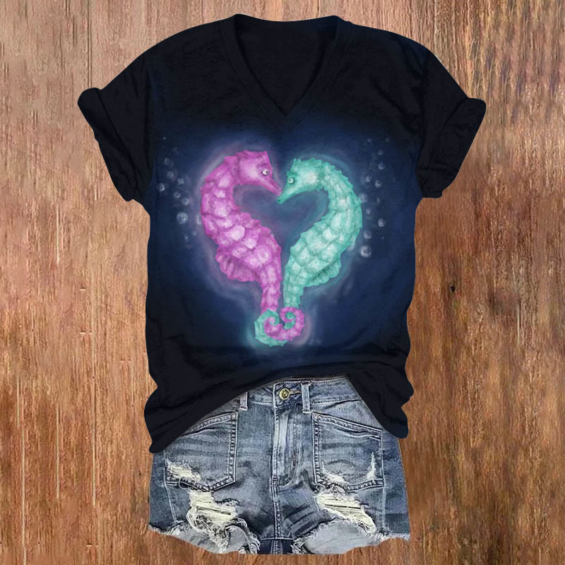 Valentine's Day Seahorse Heart Print T-shirt - Black - 5XL - image 1
