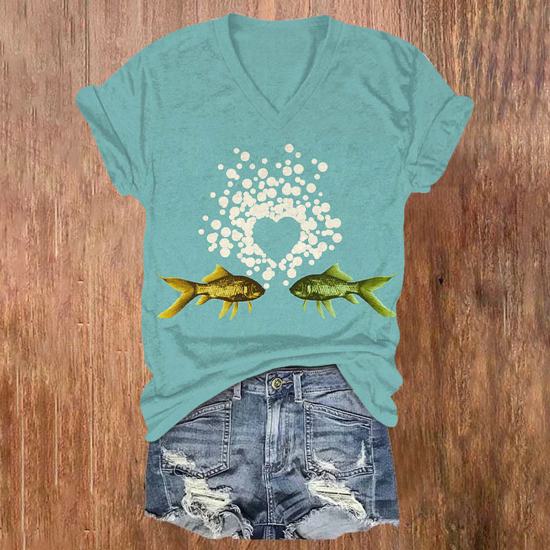 Valentine Fish Hearts Print T-shirt - Mint - 5XL - image 1