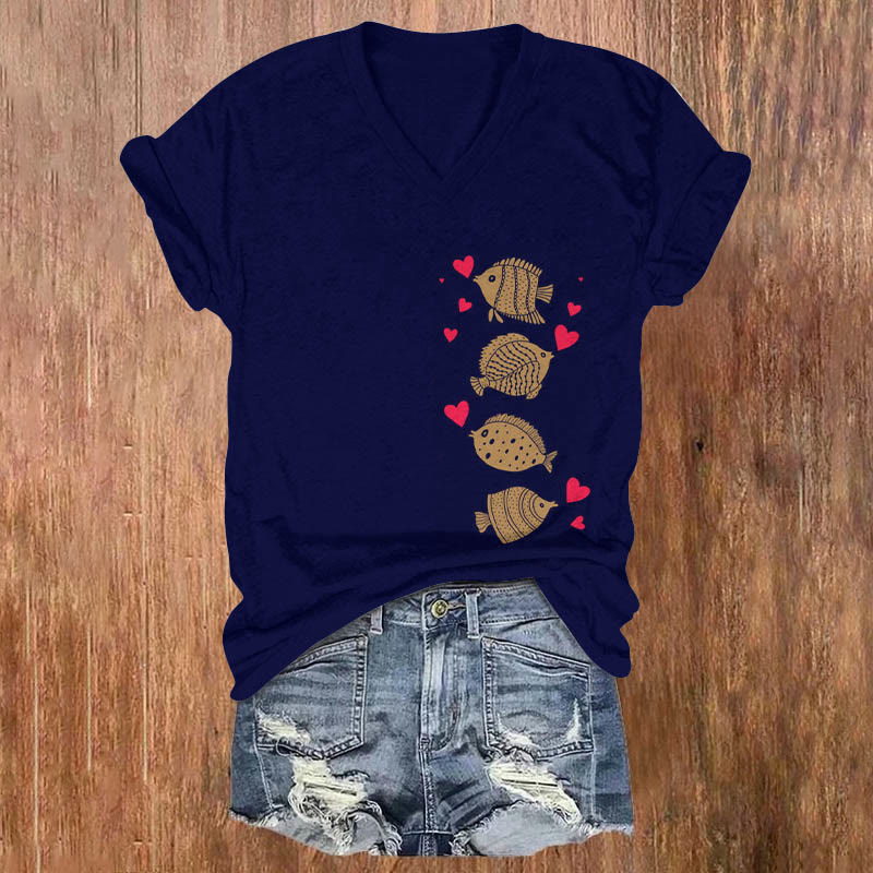 Valentine Fish Hearts Print T-shirt - Navy Blue - 5XL - image 1
