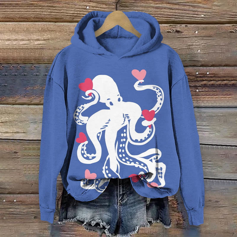 Valentine's Day Octopus Heart Print Long Sleeve Hoodie - Blue - 8XL - image 1