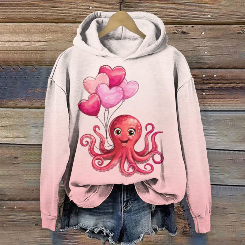 Valentine's Day Octopus Gradient Heart Print Long Sleeve Hoodie - Pink - 8XL - image 1