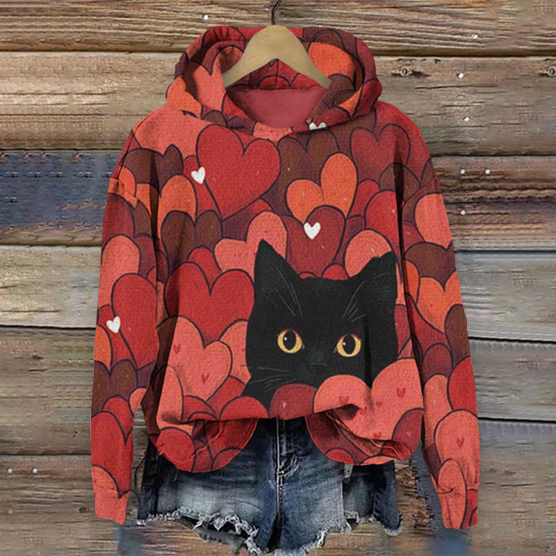 Valentine Black Cat Hearts Print Long Sleeve Hoodie - Red - 8XL - image 1
