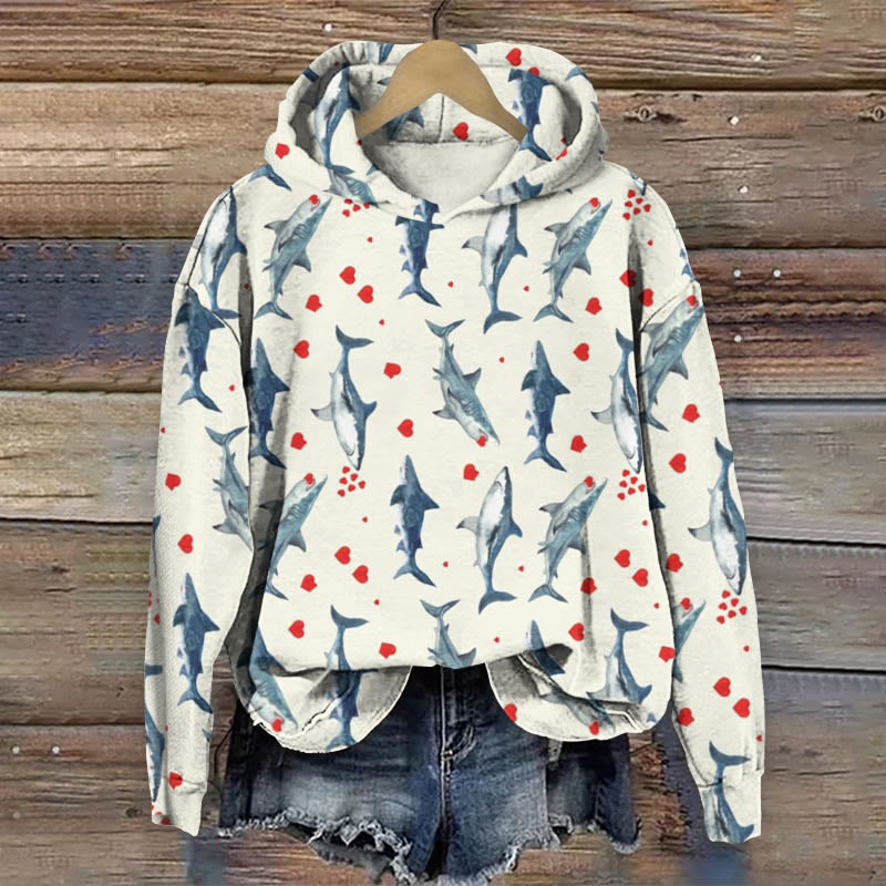 Valentine's Day Whale Shark Hearts Print Long Sleeve Hoodie - Multicolor - 8XL - image 1