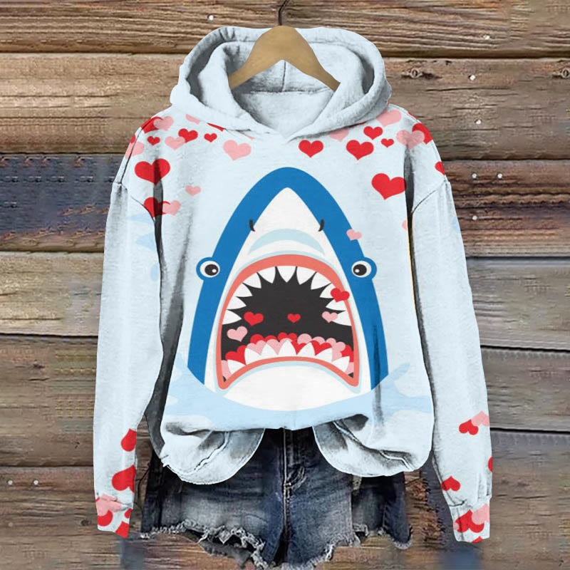 Valentine's Day Shark Hearts Print Long Sleeve Hoodie - Blue - 8XL - image 1