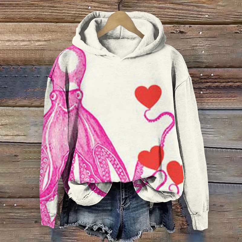 Valentine's Day Octopus Heart Print Long Sleeve Hoodie - Beige - 8XL - image 1