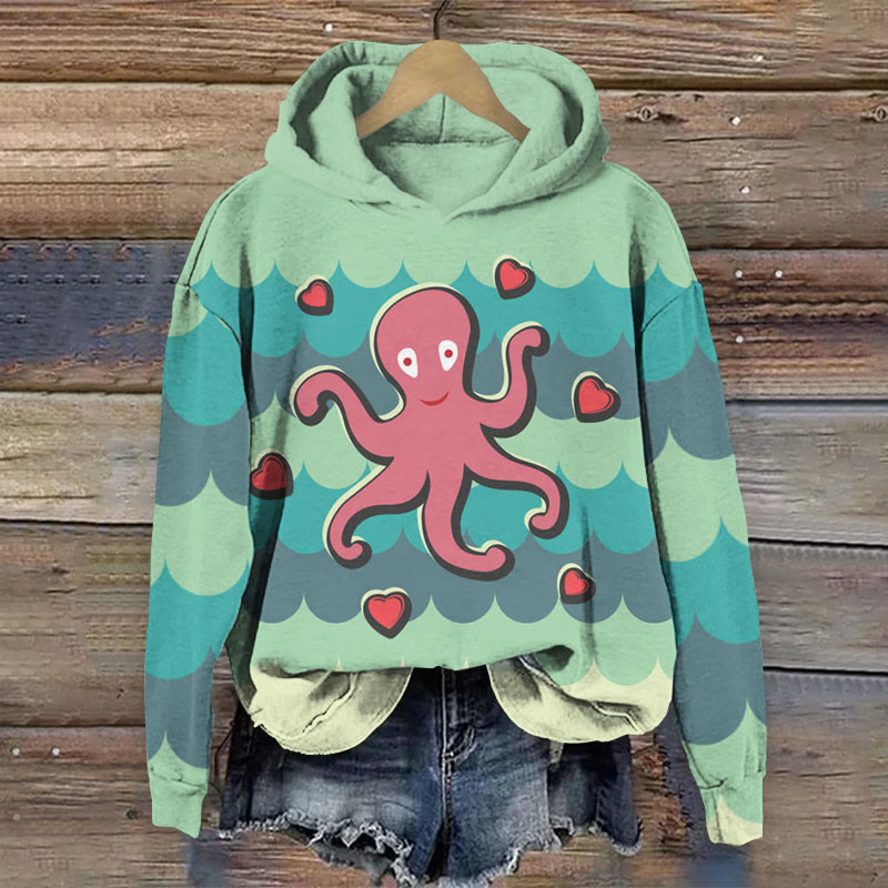 Valentine's Day Octopus Heart Art Print Long Sleeve Hoodie - Green - 8XL - image 1