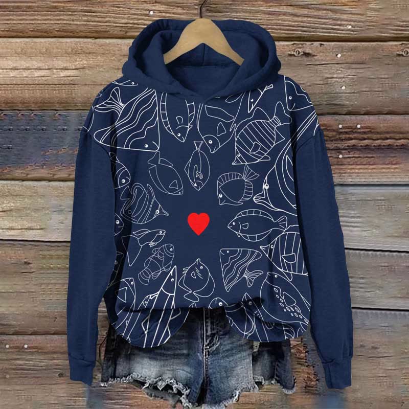 Valentine's Day Fish Art Print Long Sleeve Hoodie - Dark Blue - 8XL - image 1