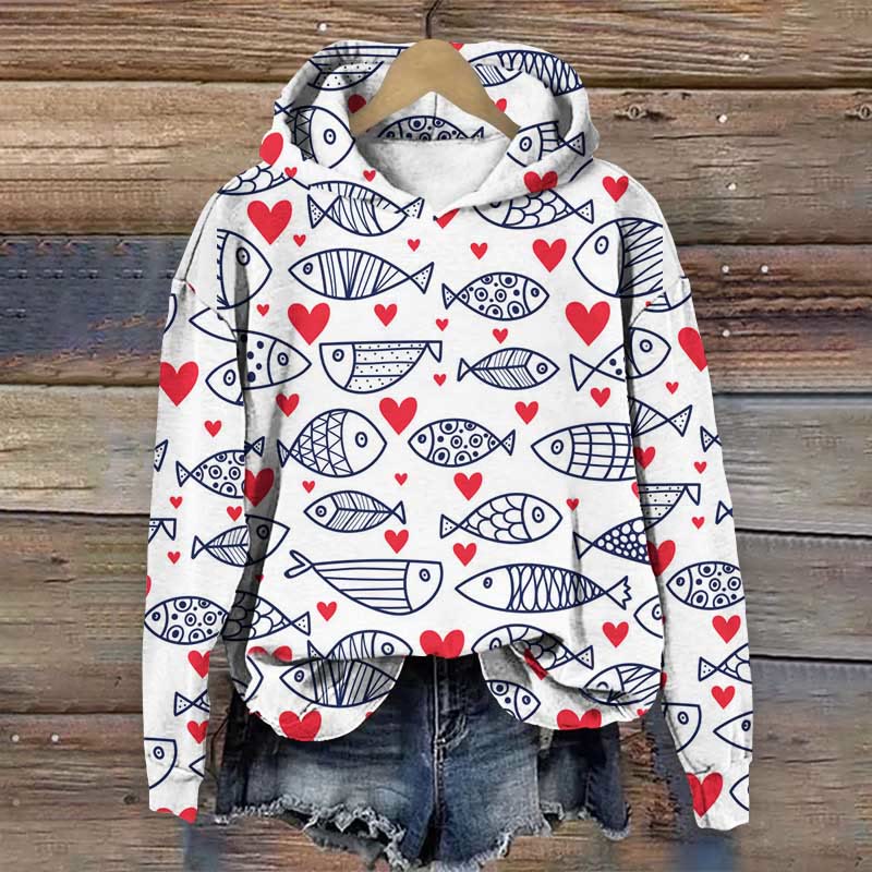 Valentine's Day Fish Hearts Print Long Sleeve Hoodie - Multicolor - 8XL - image 1