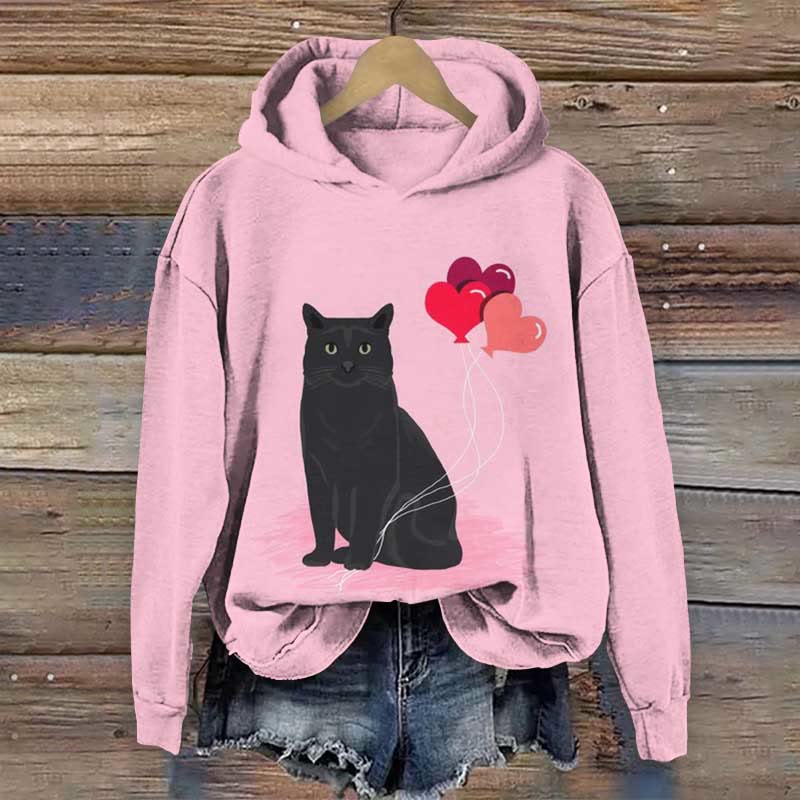 Valentine's Day Cat Hearts Print Long Sleeve Hoodie - Pink - 8XL - image 1