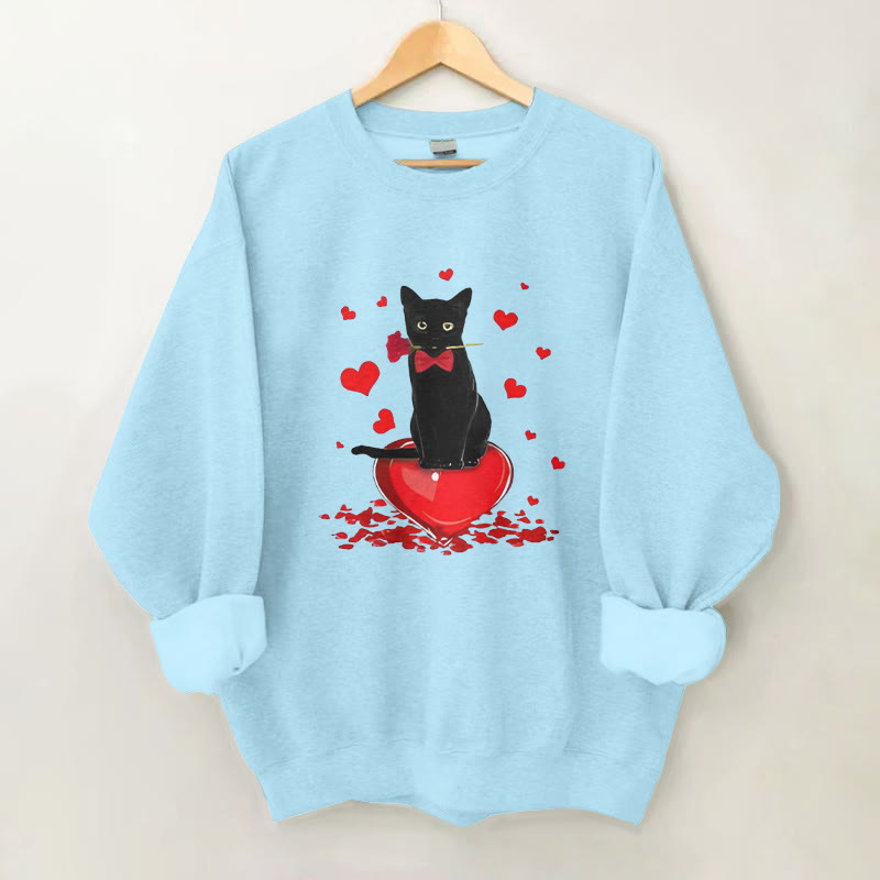 100% Cotton Valentine's Day Cat Hearts Print Crew Neck Sweatshirt - Blue - 2XL - image 3
