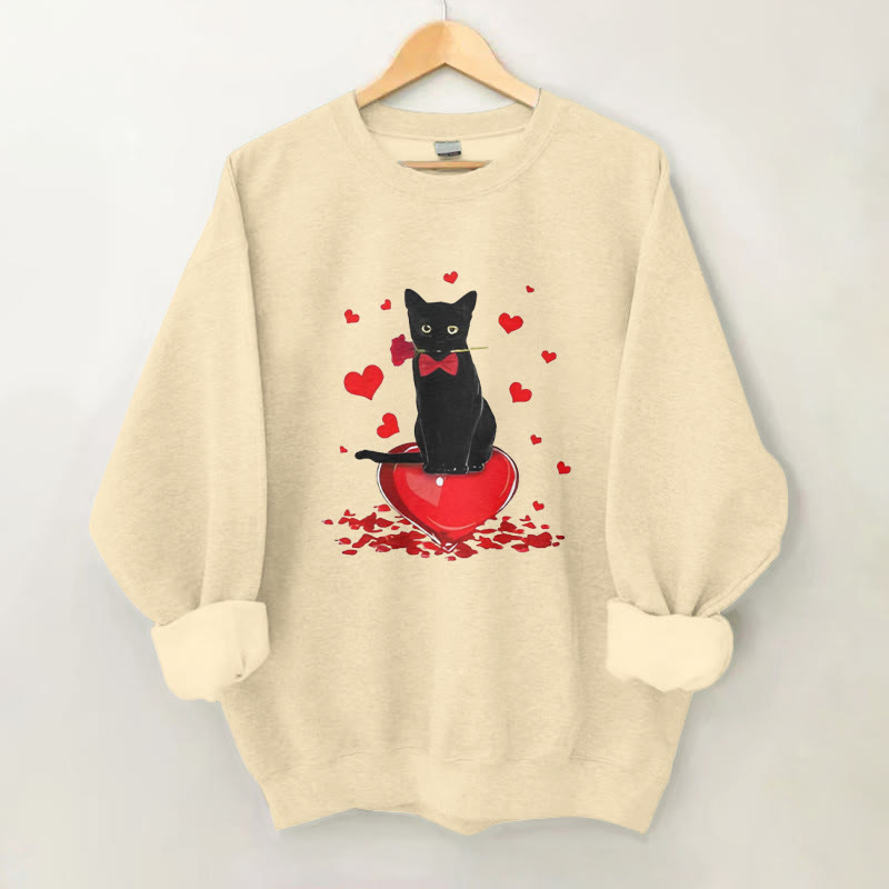 100% Cotton Valentine's Day Cat Hearts Print Crew Neck Sweatshirt - Apricot - 2XL - image 1