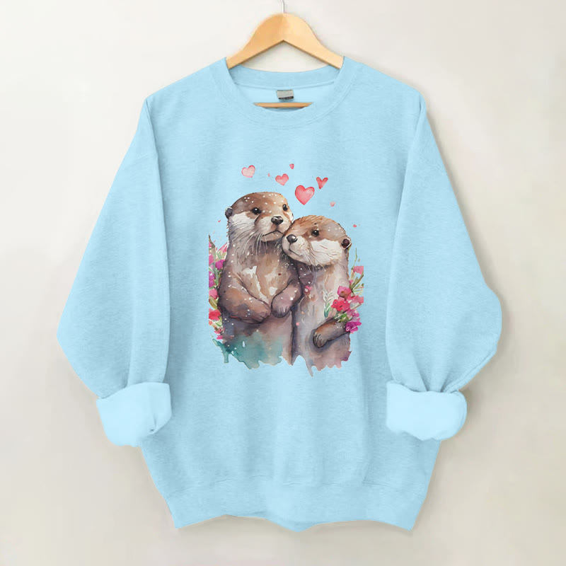 100% Cotton Valentine's Day Sea Otter Print Crew Neck Sweatshirt - Blue - 2XL - image 1