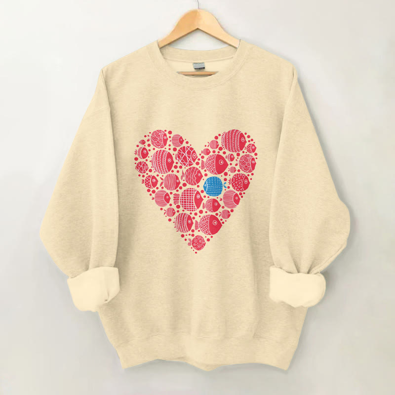 100% Cotton Valentine Fish Hearts Print Crew Neck Sweatshirt - Apricot - 2XL - image 1