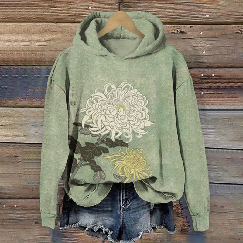 Retro Japanese Chrysanthemum Print Long Sleeve Hoodie - Green - 8XL - image 1