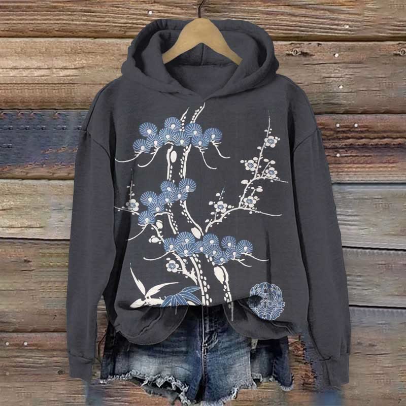 Retro Japanese Plum Blossom Print Long Sleeve Hoodie - Dark Grey - 8XL - image 1