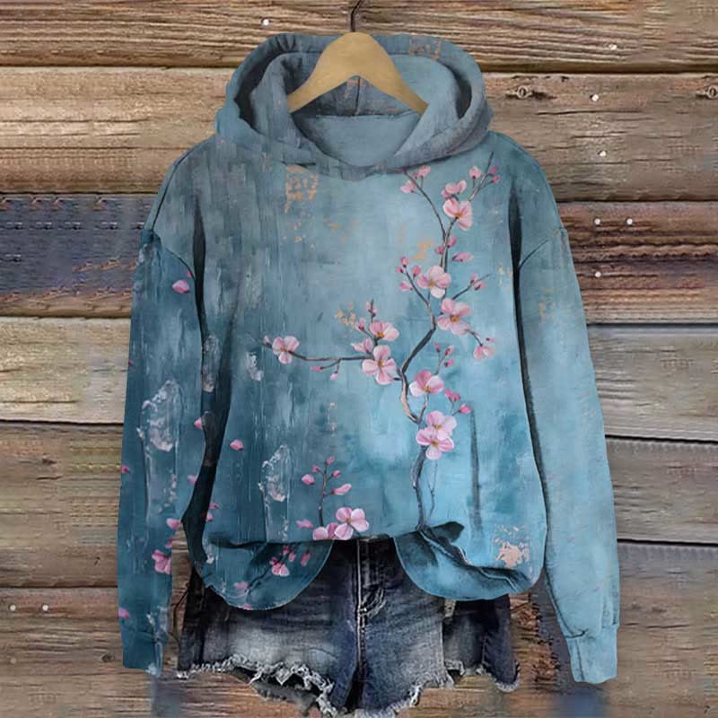 Retro Peach Blossom Oil Painting Long Sleeve Hoodie - Blue - 8XL - image 1