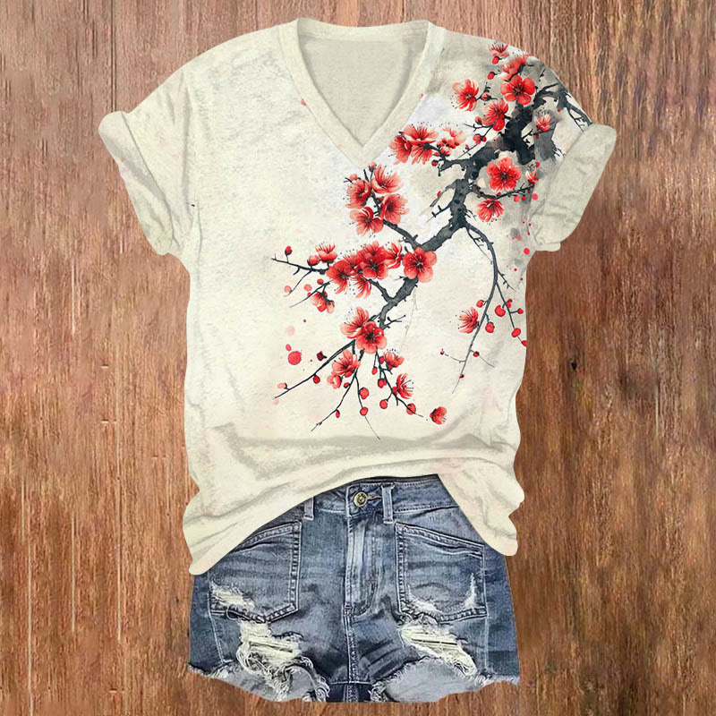 Japanese Plum Blossom Ink Print T-shirt - Beige - 5XL - image 1