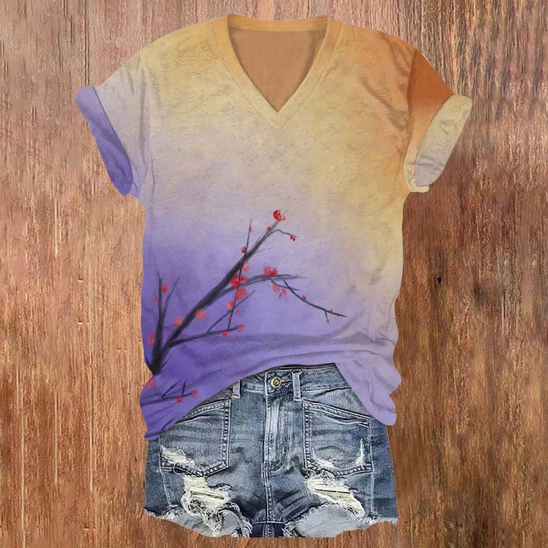 Japanese Floral Art Print T-shirt - Purple - 5XL - image 1