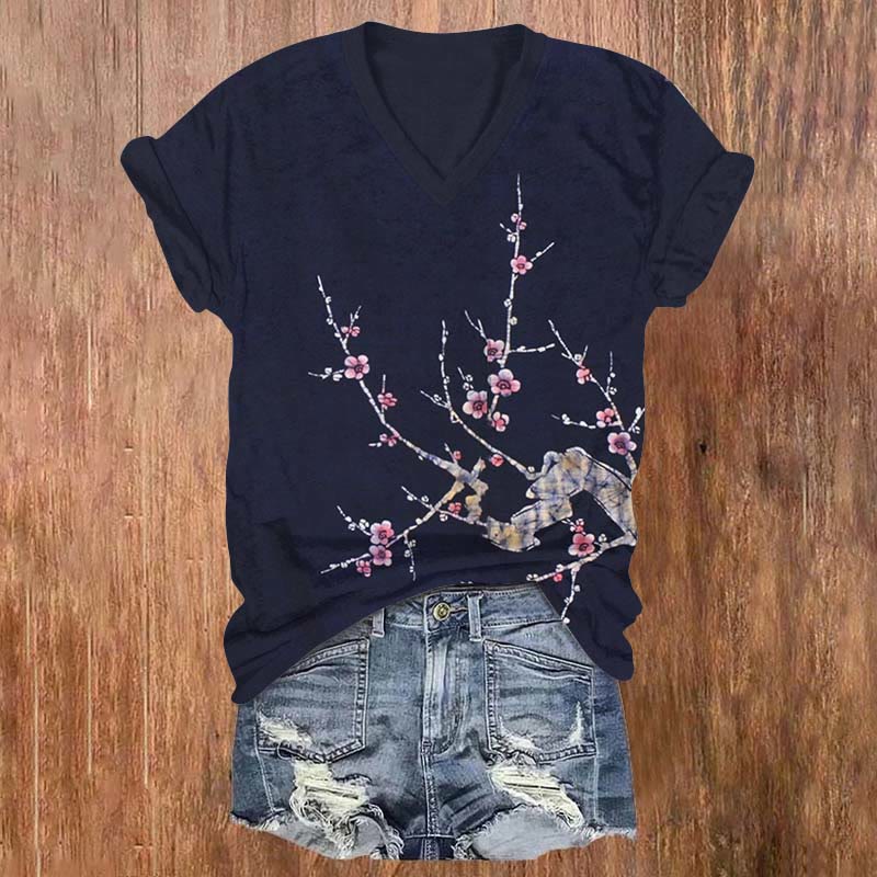 Plum Blossom Art Print T-shirt - Dark Blue - 5XL - image 1