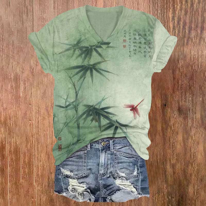 Japanese Style Bamboo Dragonfly Art Print T-shirt - Light Green - 5XL - image 1