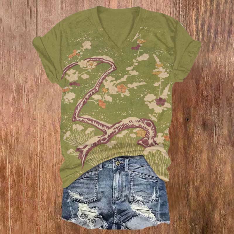  Japanese Floral Art Print T-shirt - Olive Green - 5XL - image 1