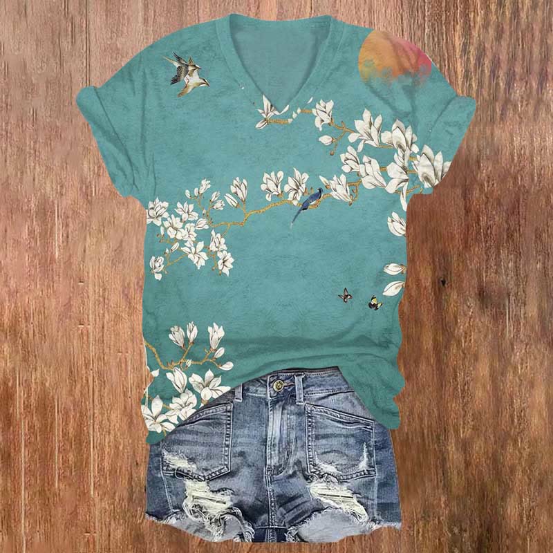 Flower And Bird Art Print T-shirt - Blue - 5XL - image 1