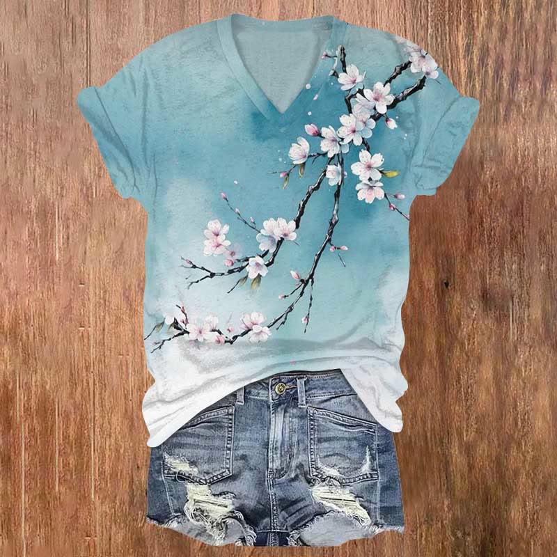 Japanese Ink Painting Flowers Print T-shirt - Sky Blue - 5XL - image 1