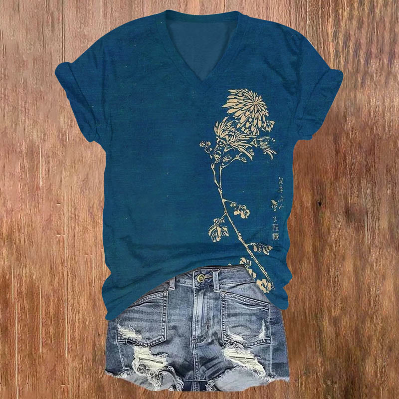 Japanese Chrysanthemum Art Print T-shirt - Royal Blue - 5XL - image 1