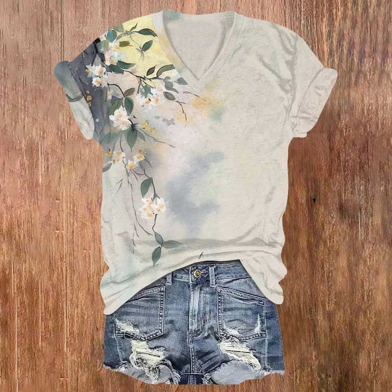 Vintage Floral Ink Painting Art Print T-shirt - Apricot - 5XL - image 1