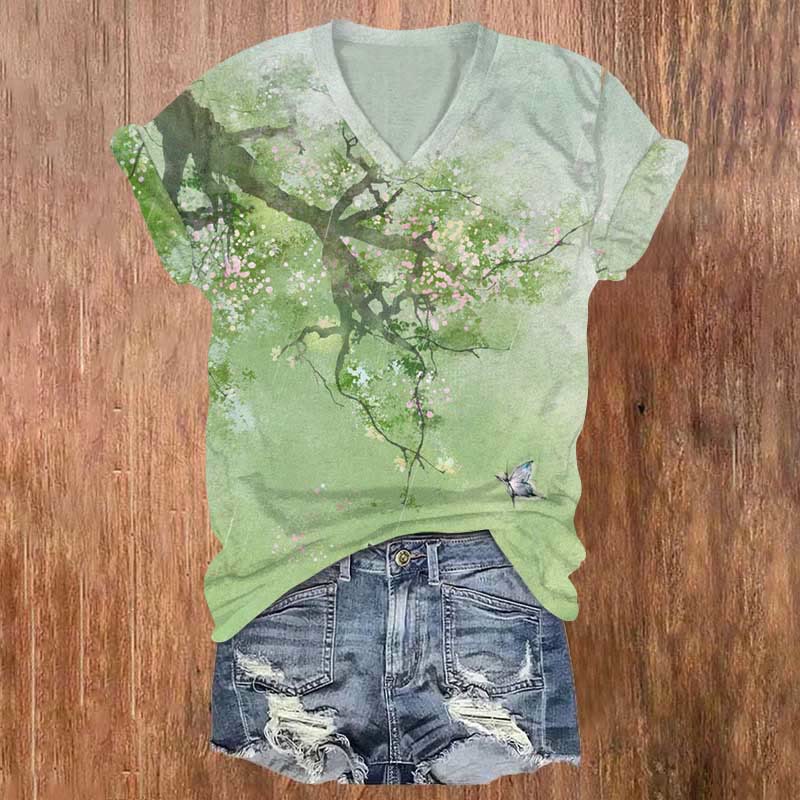  Ink Painting Flowers And Butterflies Art Print T-shirt - Light Green - 5XL - image 1
