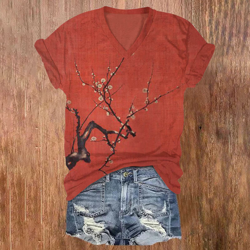 Plum Blossom Art Print T-shirt - Red - 5XL - image 1