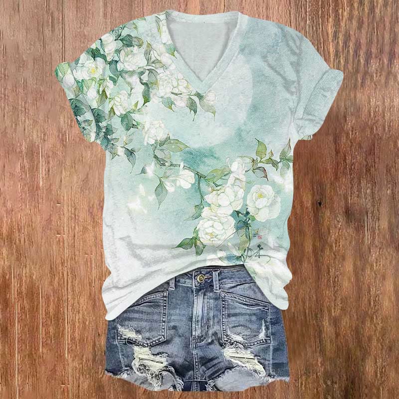 Camellia Art Print T-shirt - Light Green - 5XL - image 1