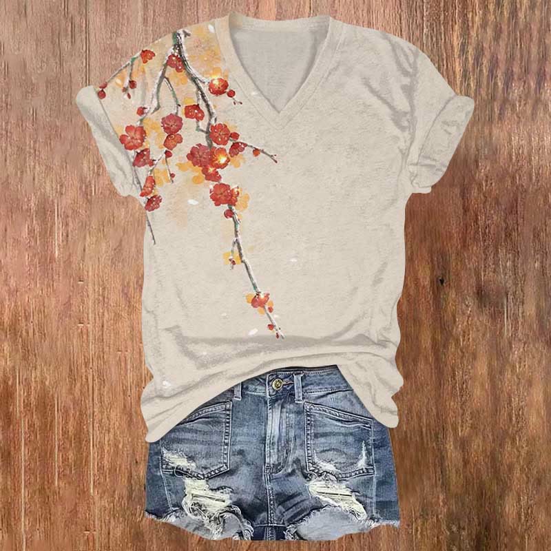 Japanese Plum Blossom Print T-shirt - Khaki - 5XL - image 1