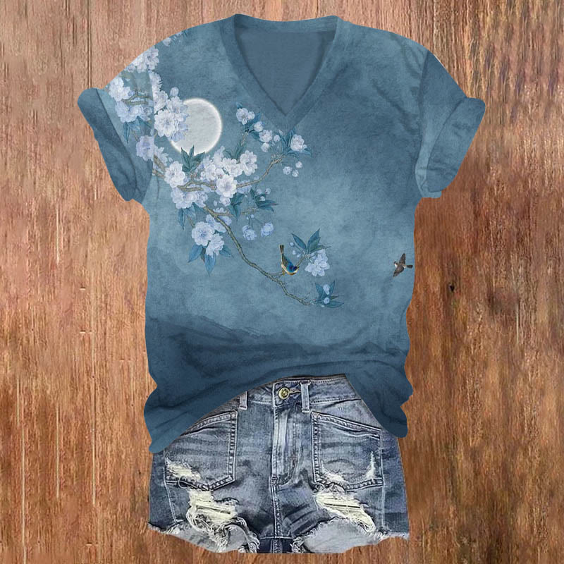 Vintage Floral Ink Painting Print T-shirt - Blue - 5XL - image 1