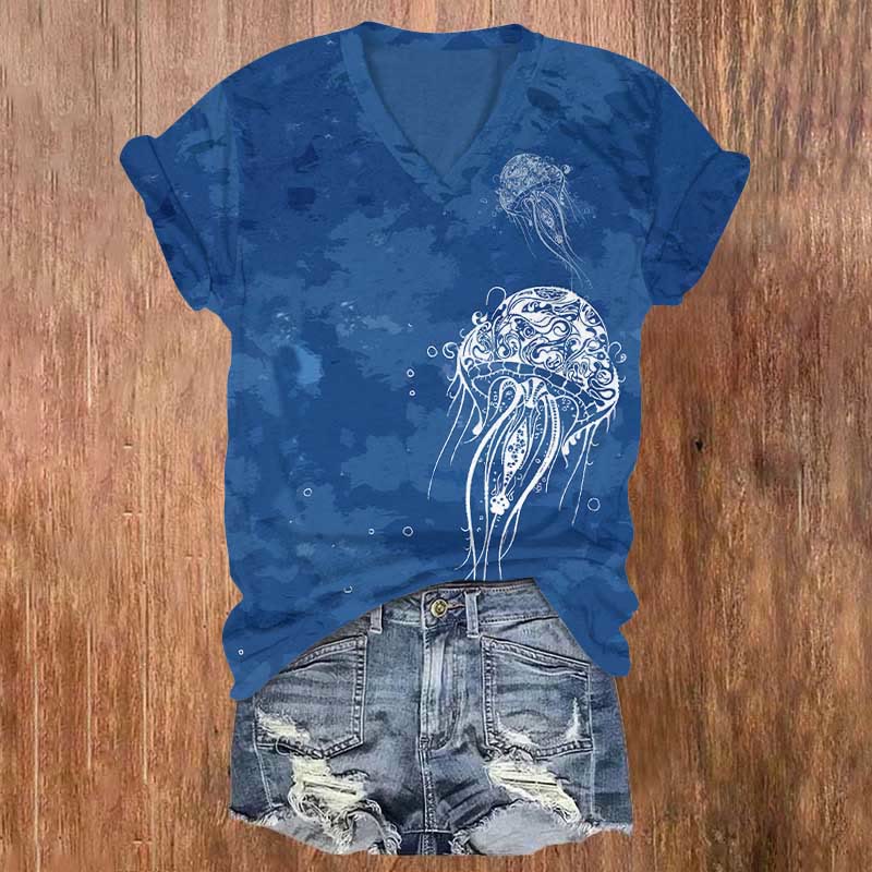Women's Retro Abstract Jellyfish Print V-neck T-shirt - Blue - 5XL - image 1