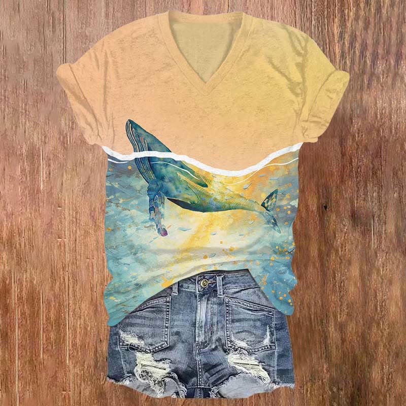 Women's Fantasy Whale Dive Art Print V-neck T-shirt - Yellow - 5XL - image 1
