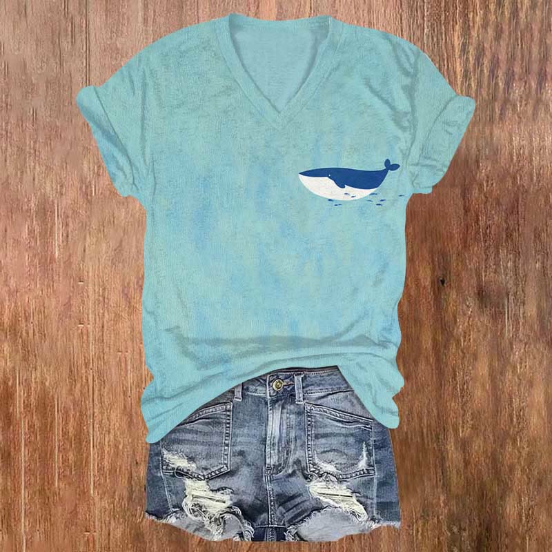 Women's Lovely Whale Pocket Print V-neck T-shirt - Light Blue - 5XL - image 1