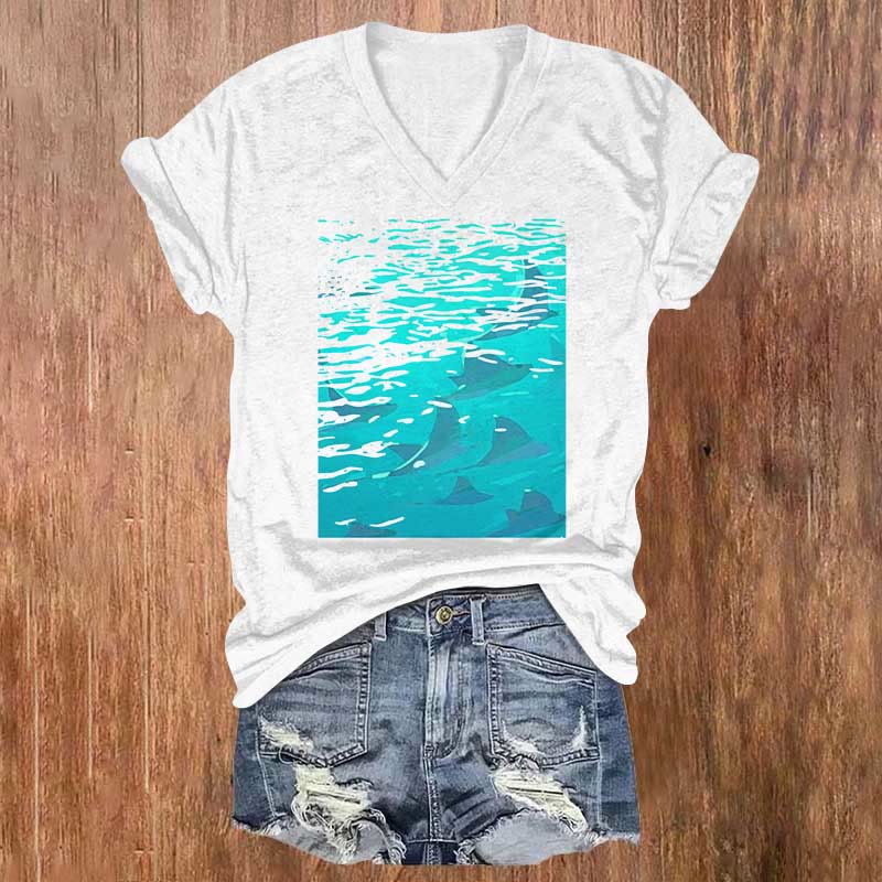 Women's Ocean Manta Ray Group Print V-neck T-shirt - White - 5XL - image 1
