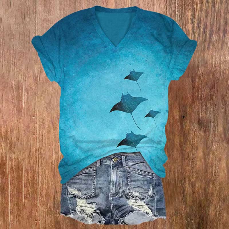 Women's Mysterious Manta Ray Art Print V-neck T-shirt - Lake Blue - 5XL - image 1