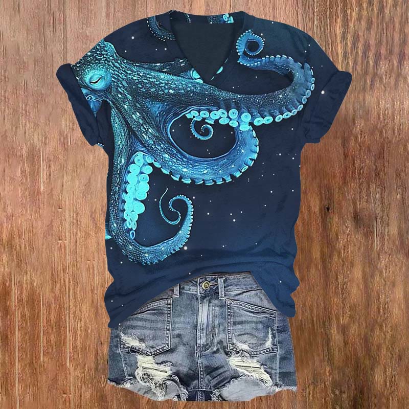 Octopus Starry Sky Art Print T-shirt - Royal Blue - US32-34(5XL) - image 1