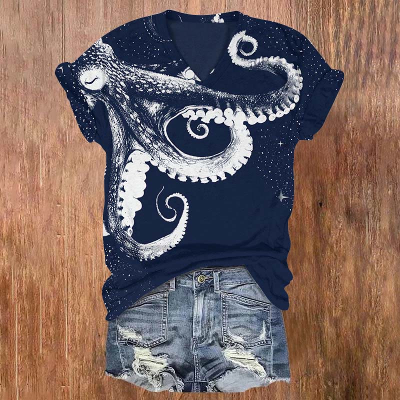 Creative Octopus Art Print T-shirt - Navy Blue - US32-34(5XL) - image 1