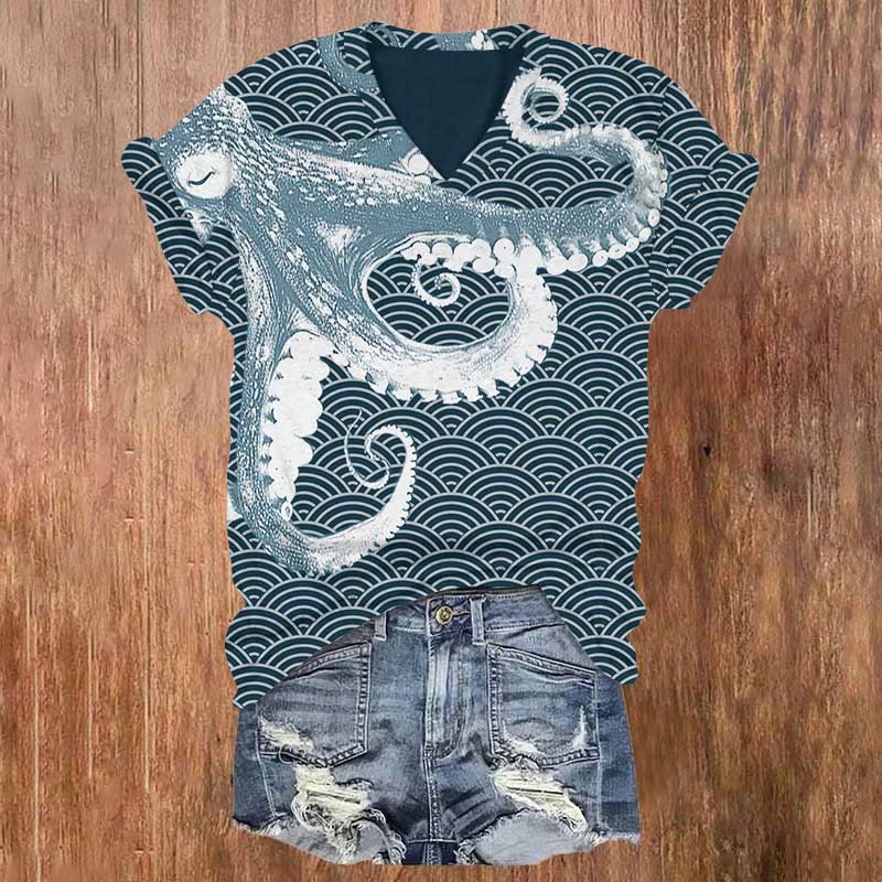 Japanese Octopus Art Print T-shirt - Blue - US32-34(5XL) - image 1