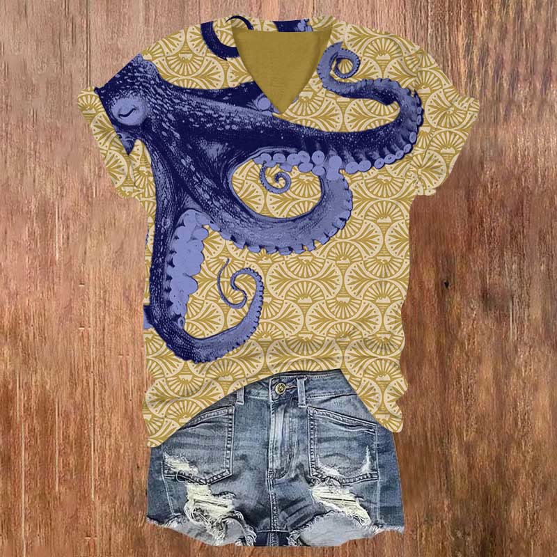 Creative Octopus Art Print T-shirt - Khaki - US32-34(5XL) - image 1