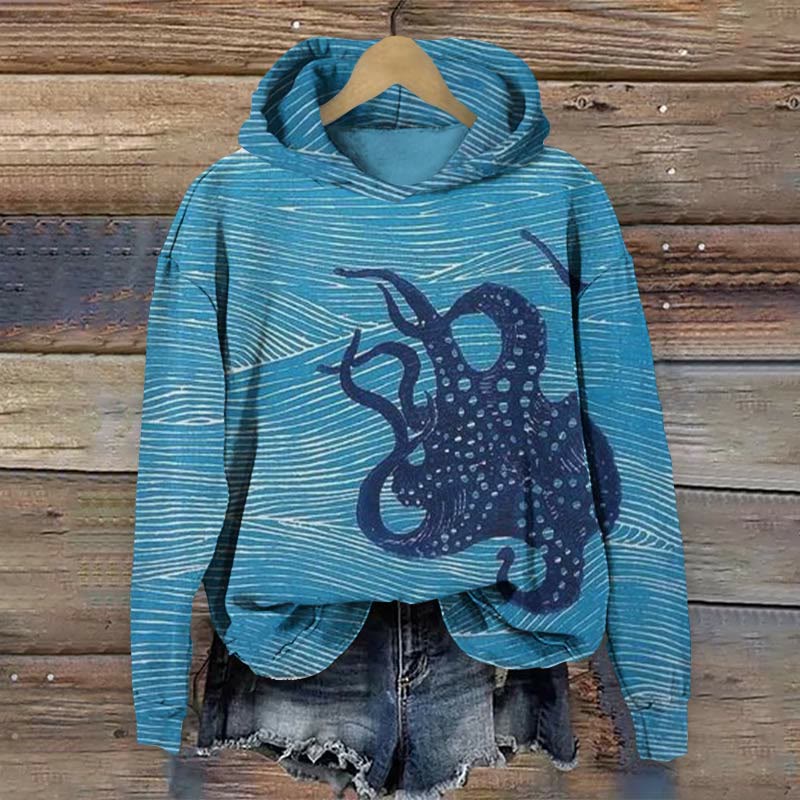 Octopus Art Print Long Sleeve Hoodie - Blue - US44-46(8XL) - image 1